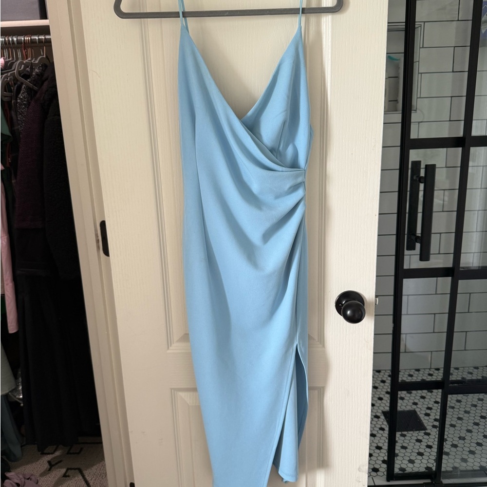 Hello Molly Powder Blue Draped Slip Midi Dress